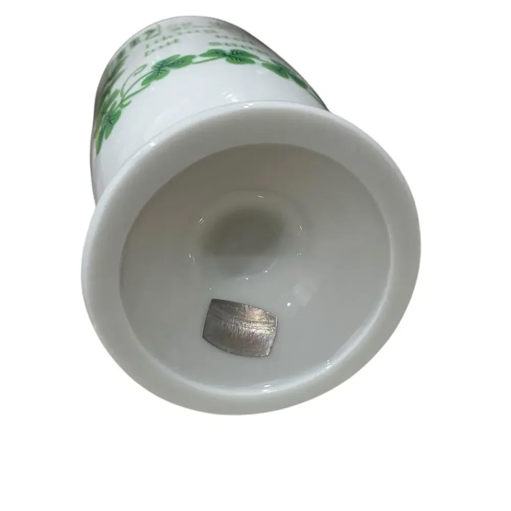 Funny 1970s Shamrock Irish Coffee Mug Lucky Clover White Porcelain Cup Gold Trim